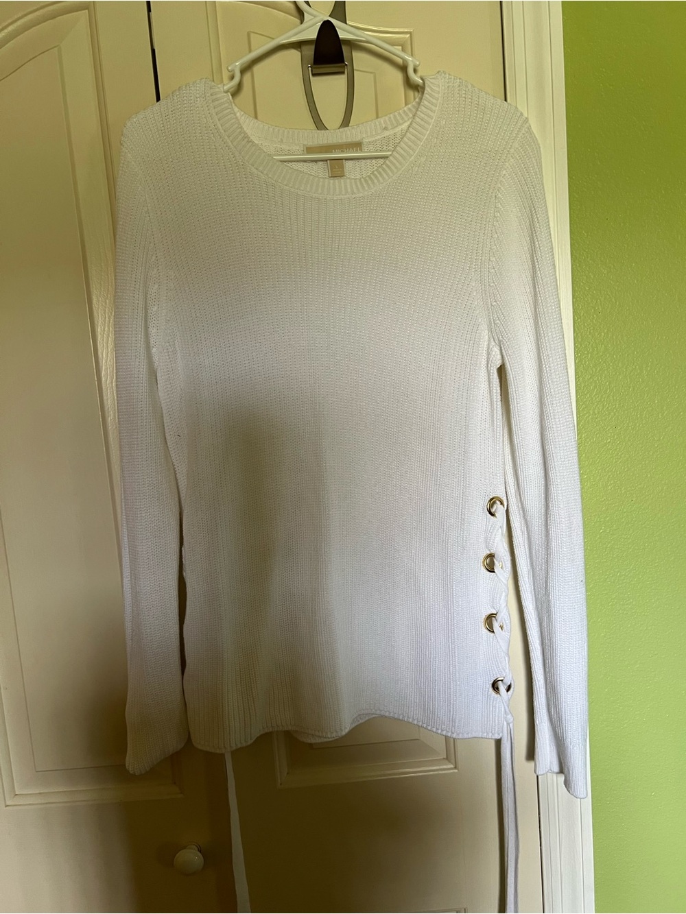Michael Kors White Side-Button Crewneck Knit Sweater